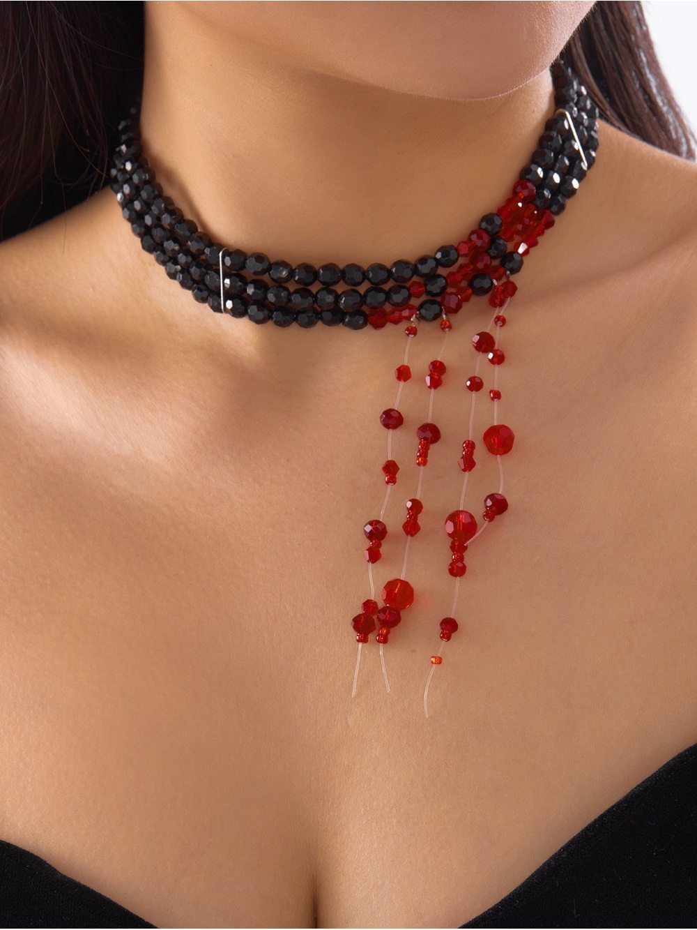 Beaded Black & Red Choker Necklace - Elegant Women's Jewelry